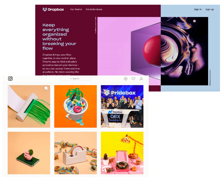 Brand visual identity example from dropbox webpage and Instagram posts. Dropbox visual identity is built up with different type of purple at the left with blue texts and right side with blue background, giving a visual impact to visitors.
